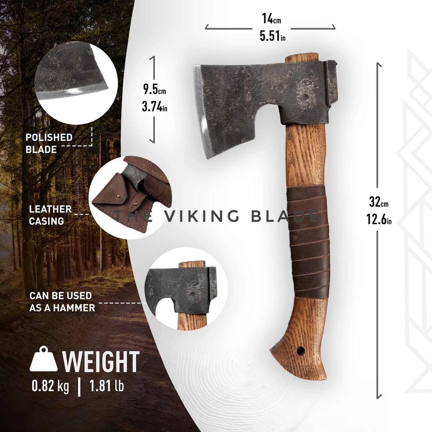 Viking-style axe with measurements and features on a white background