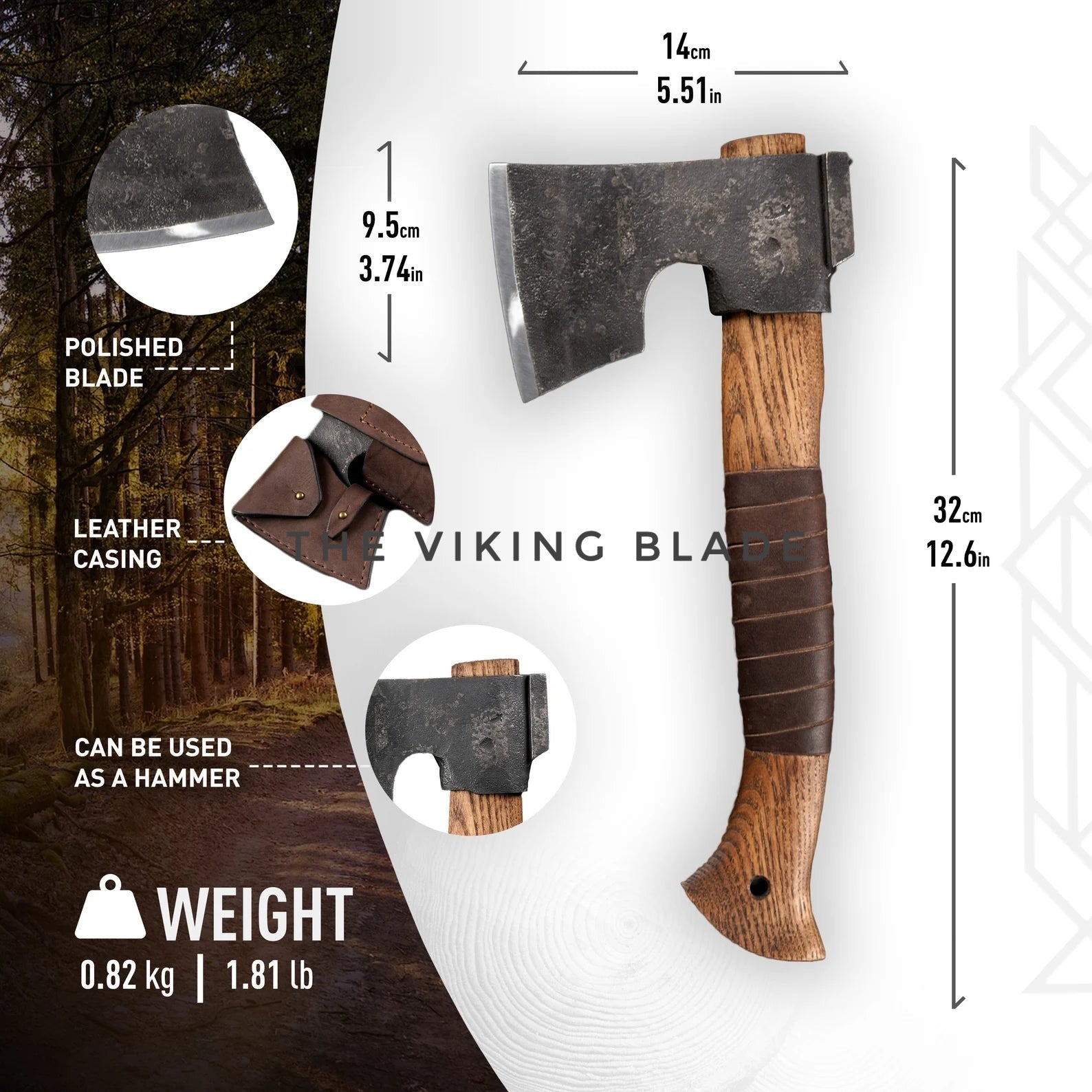 Viking-style axe with measurements and features on a white background