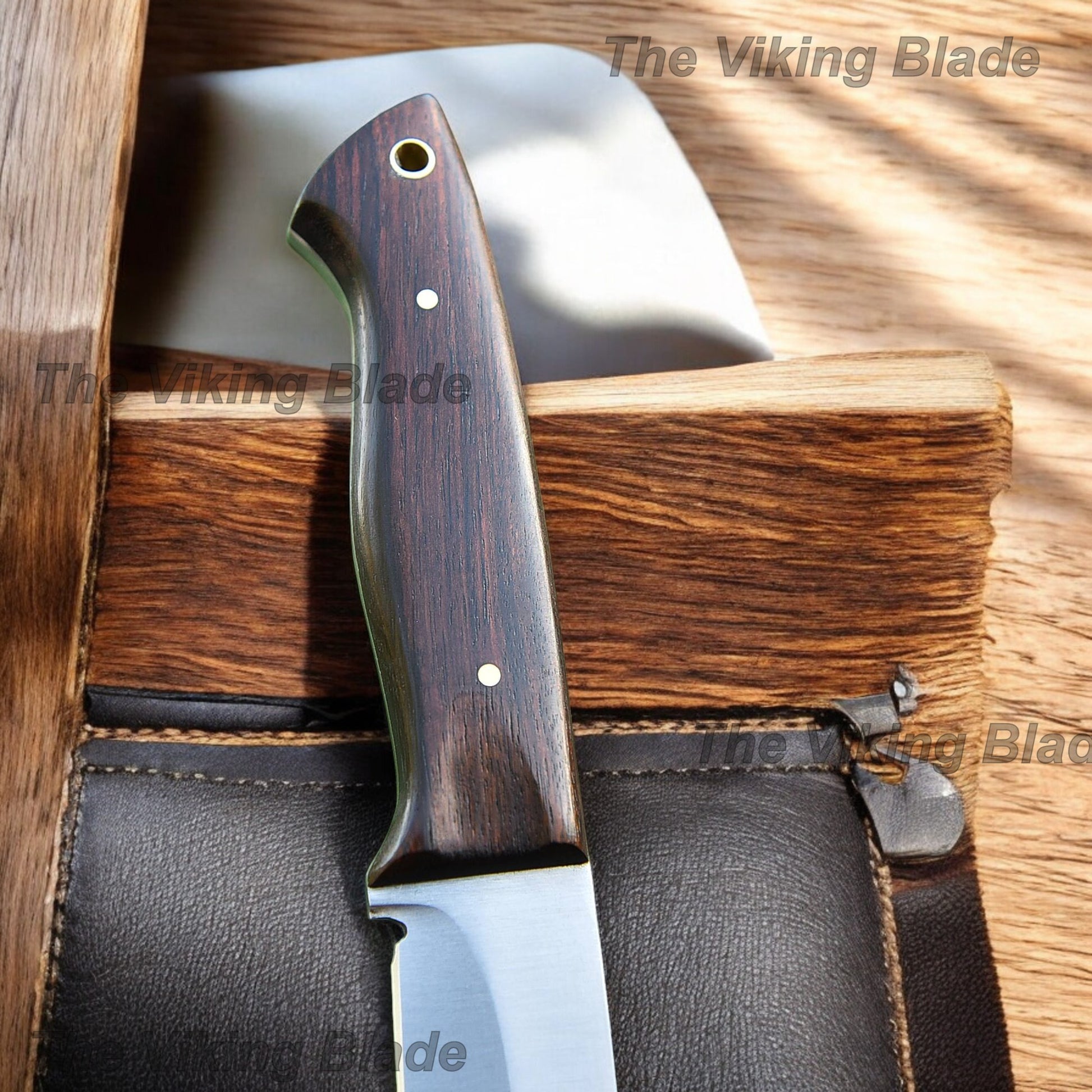 8.5" Custom Made Skinning Knife Rose Wood Handled With Leather Sheath