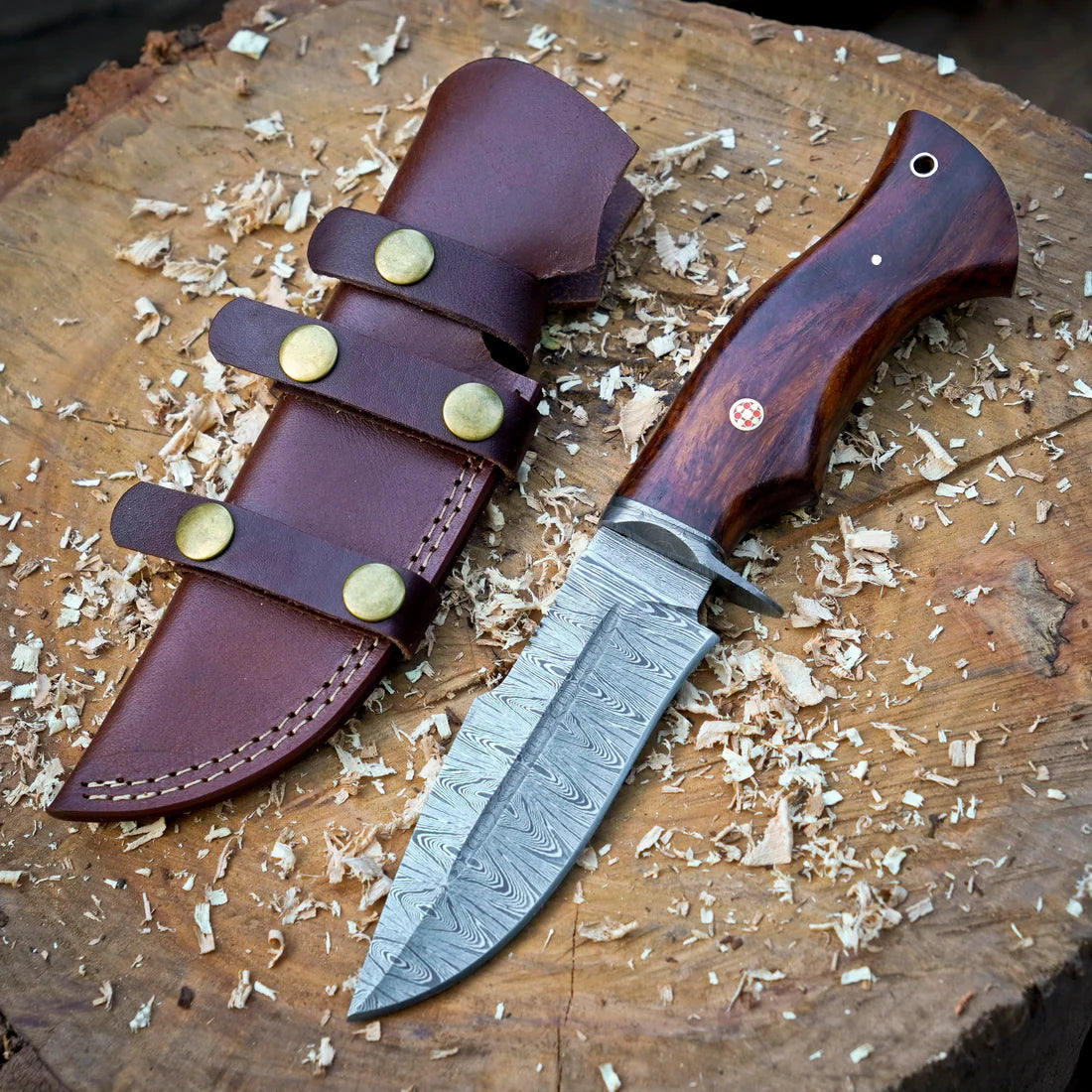 10.5" Hand Forged Damascus Hunting Knife with Leather Sheath