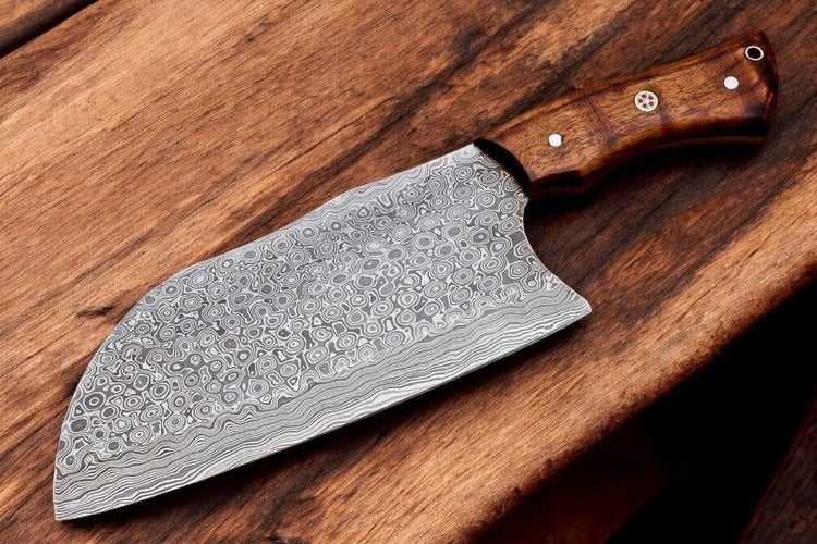 Custom Hand Forged Damascus Steel Cleaver Chef Knife Rain Drop Pattern With Leather Sheath 