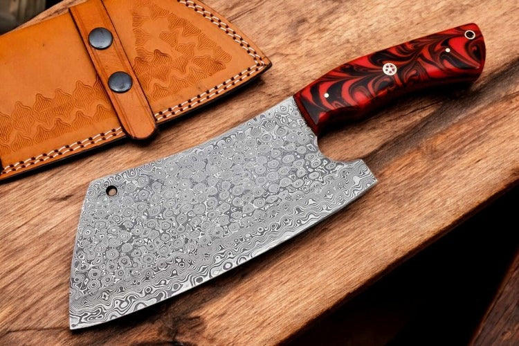 Custom Handmade Damascus Steel Kitchen Cleaver Knife With Leather Sheath 