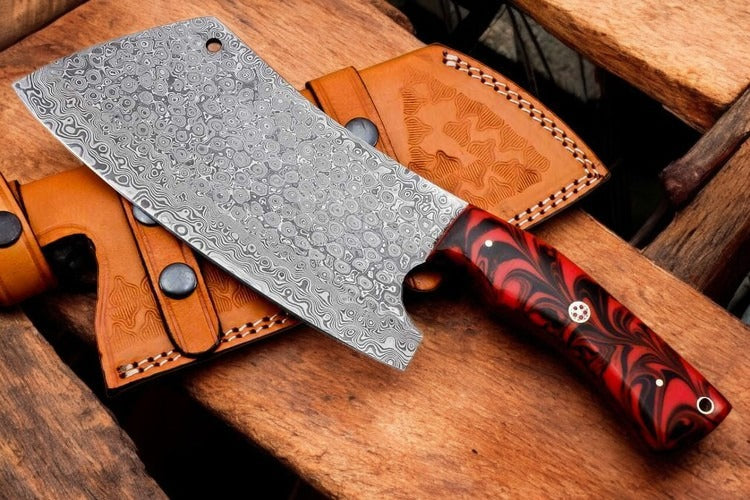 Custom Handmade Damascus Steel Kitchen Cleaver Knife With Leather Sheath 