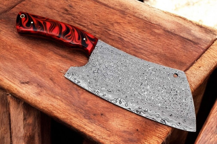 Custom Handmade Damascus Steel Kitchen Cleaver Knife With Leather Sheath 