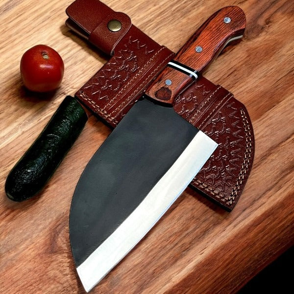 Custom Handmade Carbon Steel Cleaver Chef Knife With Leather Sheath 