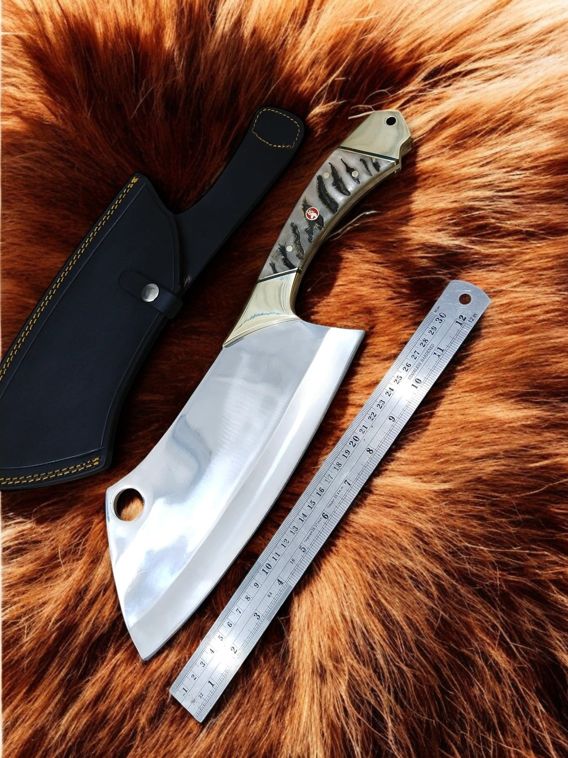 Fixed Blade Handmade Meat Cleaver 16-inches Chef Knife 12C27 Carbon Steel With Leather Sheath