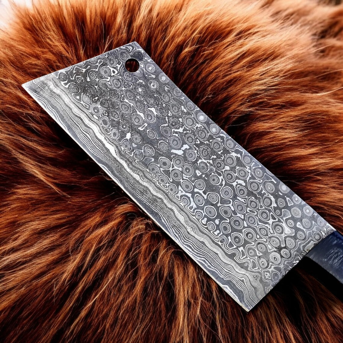 Hand Forged Damascus Steel Cleaver Kitchen Knife With Leather Sheath