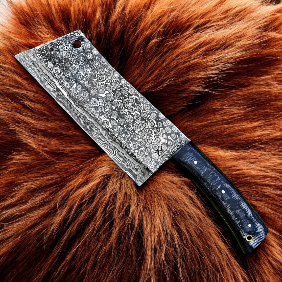 Hand Forged Damascus Steel Cleaver Kitchen Knife With Leather Sheath