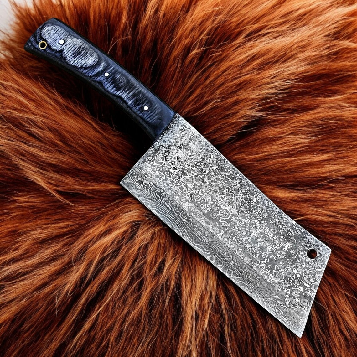 Hand Forged Damascus Steel Cleaver Kitchen Knife With Leather Sheath