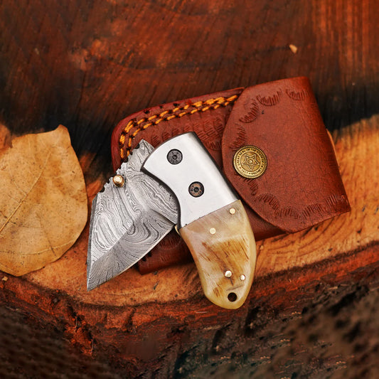 Hand Forged 5.5" EDC Pocket Folding Knife with Leather Sheath