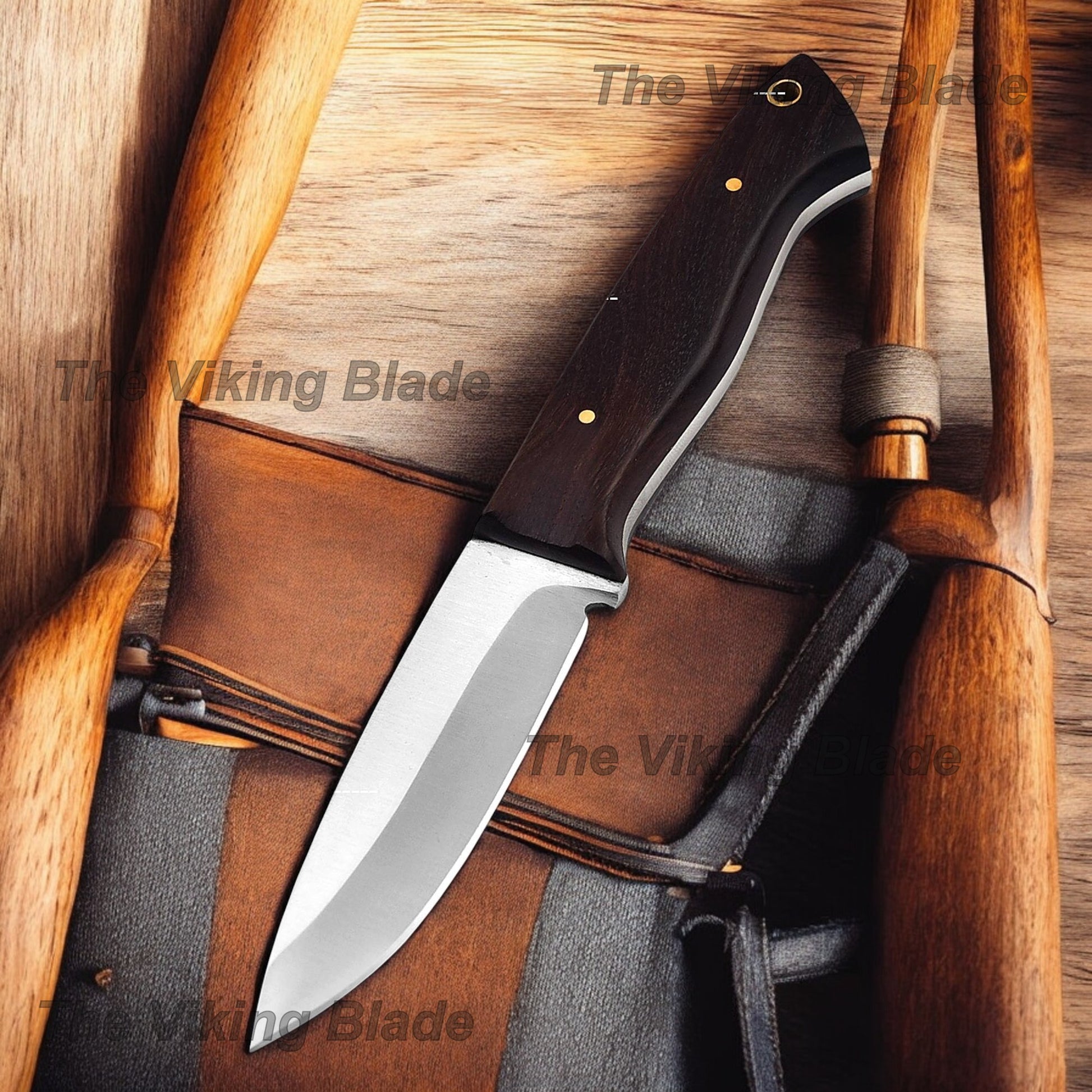 8.5" Custom Made Skinning Knife Rose Wood Handled With Leather Sheath