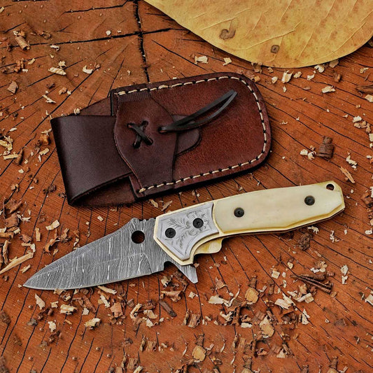 7.5" Hand Forged Damascus Steel Folding Knife with Leather Sheath