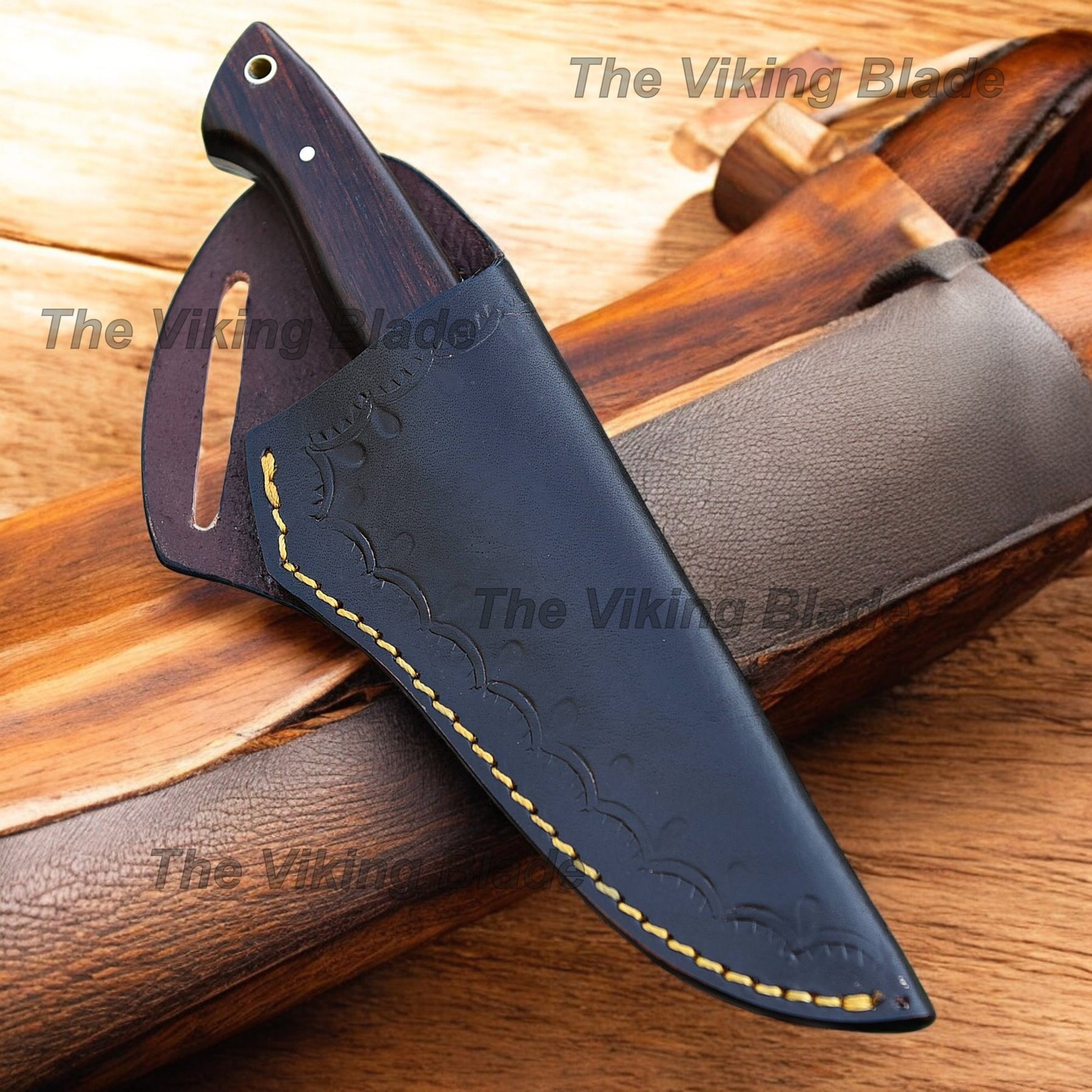 8.5" Custom Made Skinning Knife Rose Wood Handled With Leather Sheath