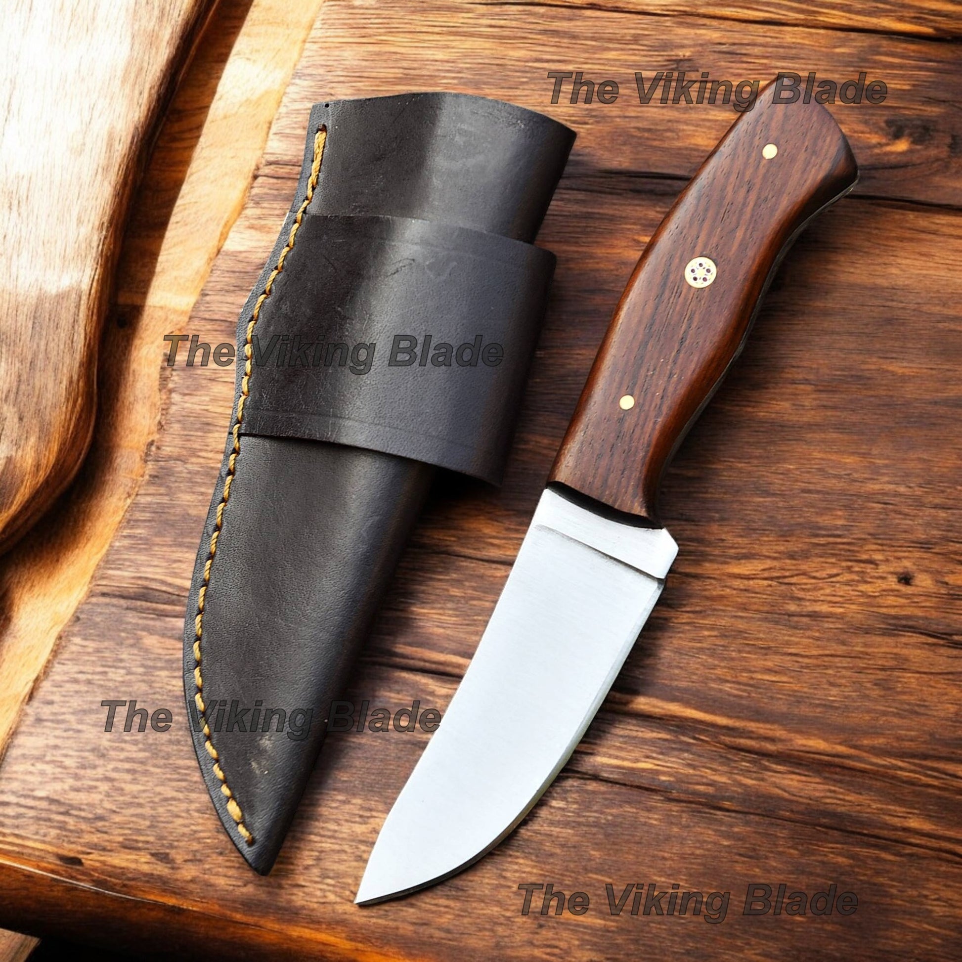 8.5" Custom Handmade Skinning Knife Rose Wood Handle With Leather Sheath