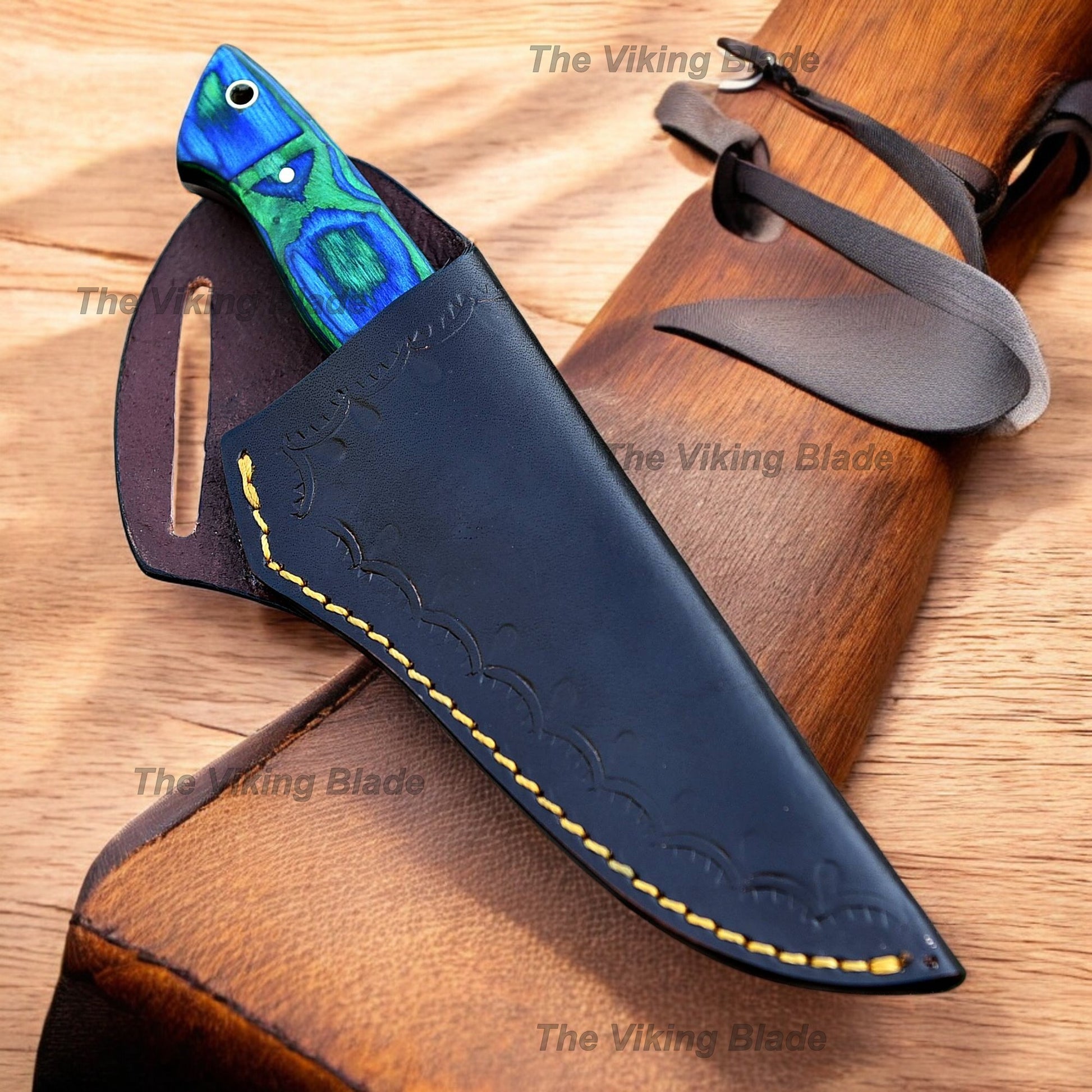 8.5" Custom Made Skinning Knife Pakka Wood Handle With Leather Sheath