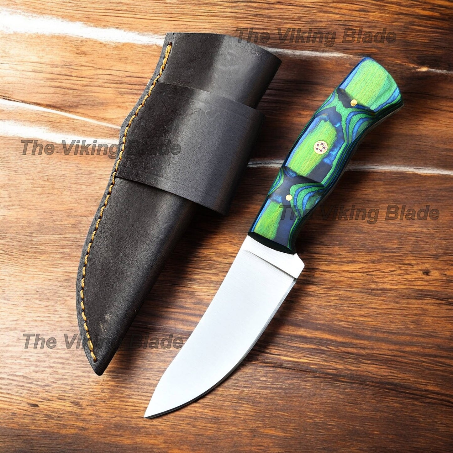 8.5" Custom Handmade Skinning Knife Pakka Wood Hanlde With Leather Sheath