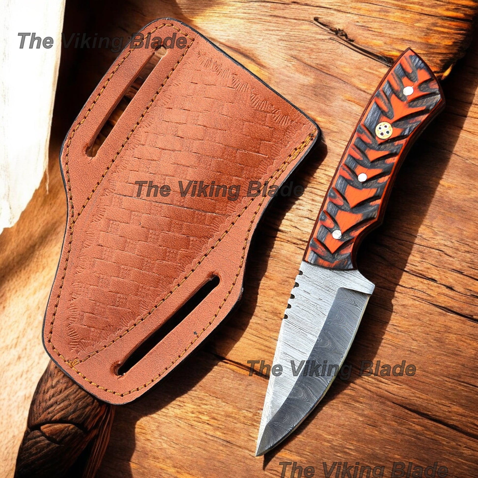 7" Custom Made Damascus Skinning Knife With Leather Sheath