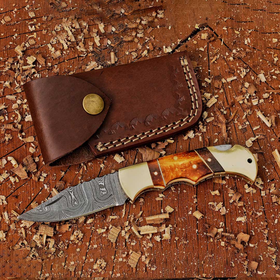 Damascus Folding Knife 8-inch Bone Handle Knife with Leather Sheath