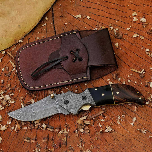 7.5" Hand Forged Pocket Folding Knife with Leather Sheath