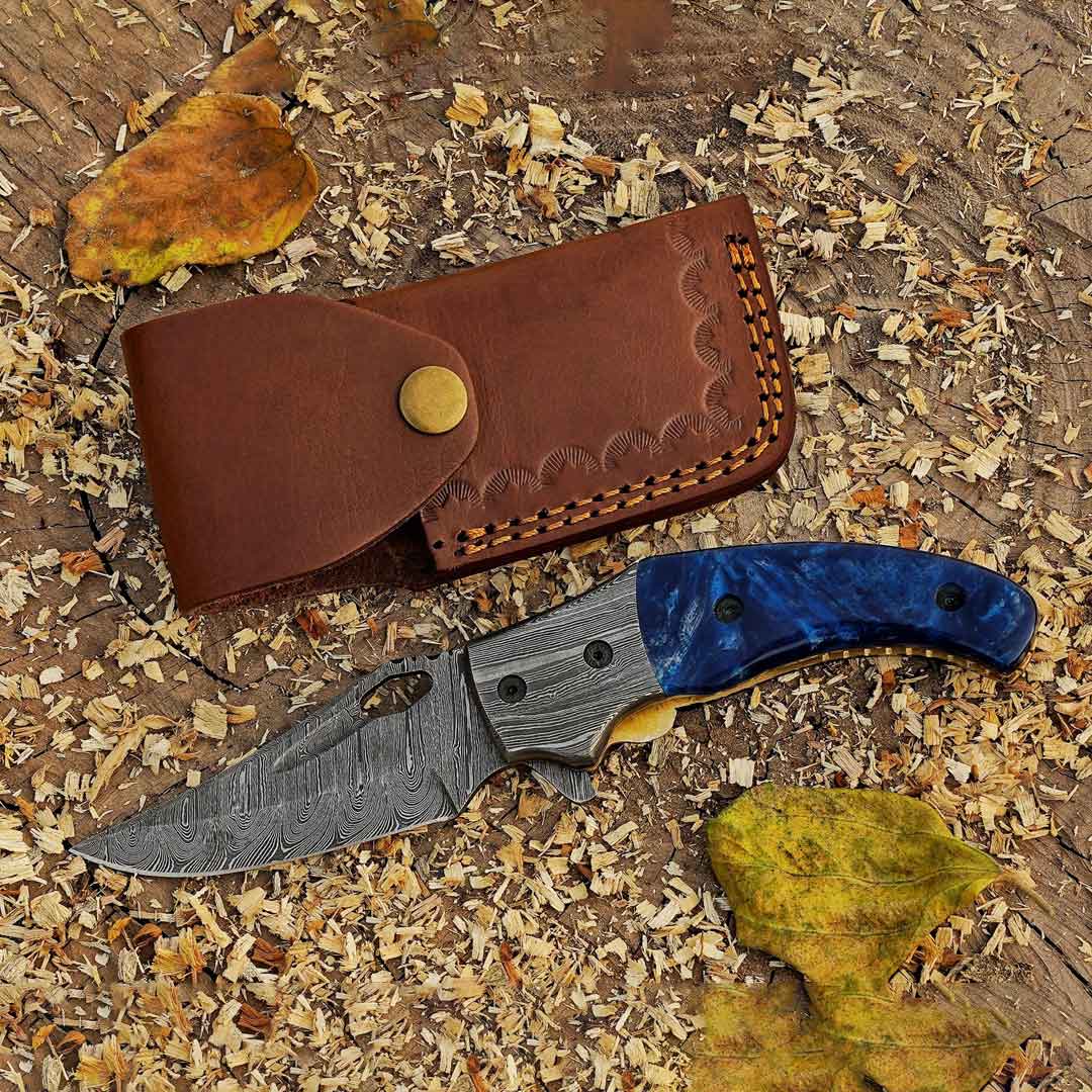 9" Damascus Steel Pocket Folding Knife with Leather Sheath