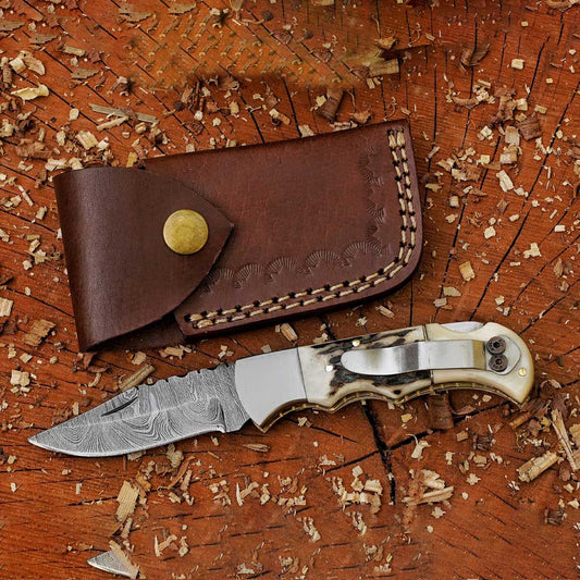 6.75 inch Handmade Folding Knife Damascus Steel with Stag horn and Camel bone Handle with Leather Sheath