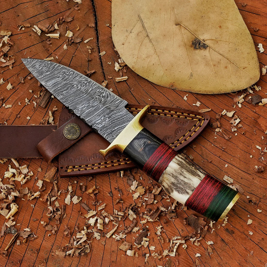 9 inch Damascus Steel Hunting Knife with Stag Horn Handle