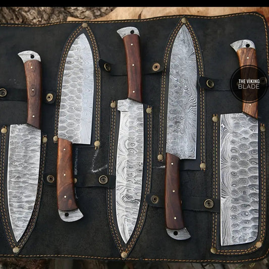The Black Rose – Damascus Steel 5 Piece Chef Knife Set with Leather Roll | The Viking Blade |