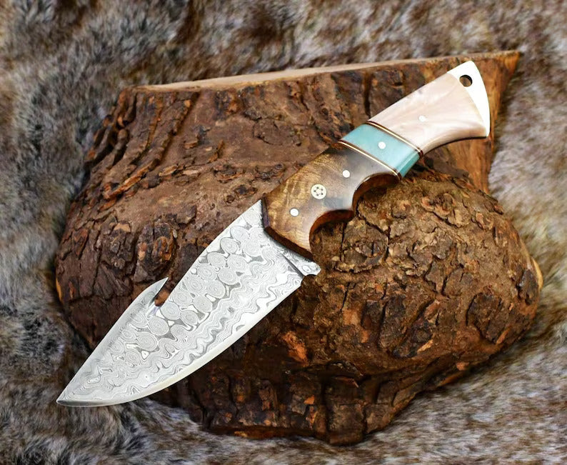 The Hunter's Edge: 8.25-Inch Gut Hook Skinning Hunting Knife with Raindrops Damascus Steel Blade, Rosewood and Epoxy Resin Handle | The Viking Blade |