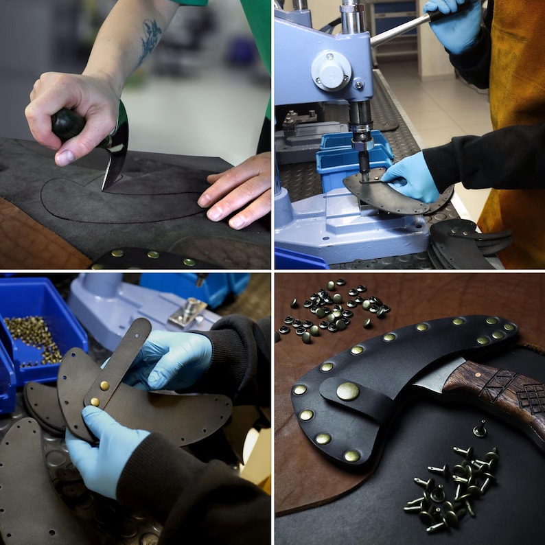 Collage of leatherworking process including cutting, drilling, and assembling leather with studs.