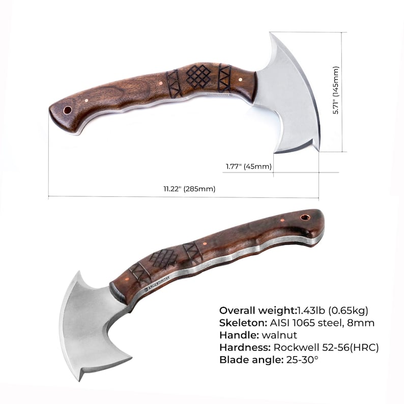 Two axes with wooden handles and metal blades, showing measurements and specifications on a white background.
