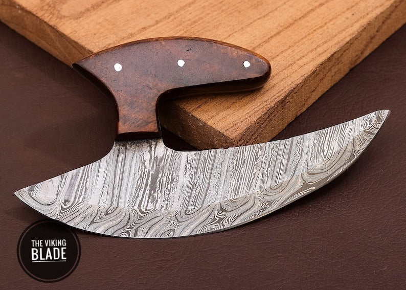 Traditional Damascus steel Ulu knife collection piece with curved blade and leather cover