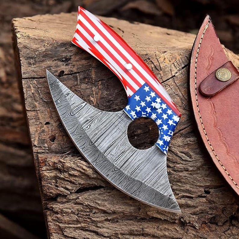 Viking Blade handmade Damascus steel Ullu knife front view with leather sheath