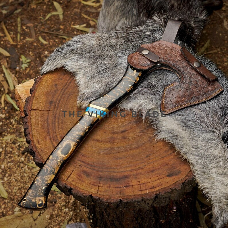 Dog wearing a leather muzzle on a wooden stump with 'The Viking Blade' branding.