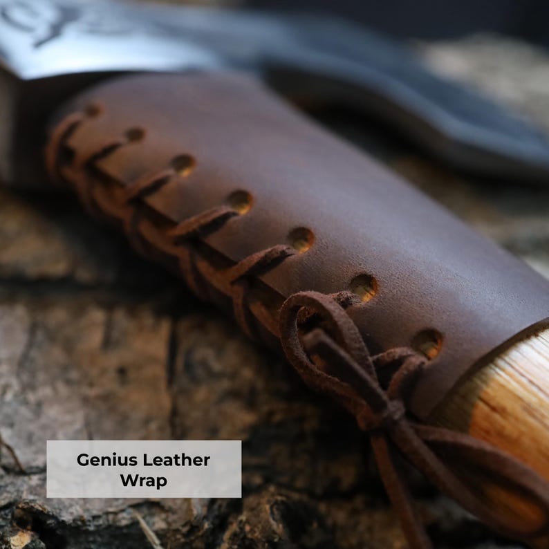Close-up of a leather wrap on a wooden surface with 'Genius Leather Wrap' text.