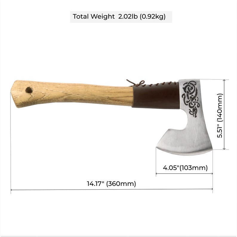 Axes with wooden handles and metal blades, showing measurements and weight on a white background.