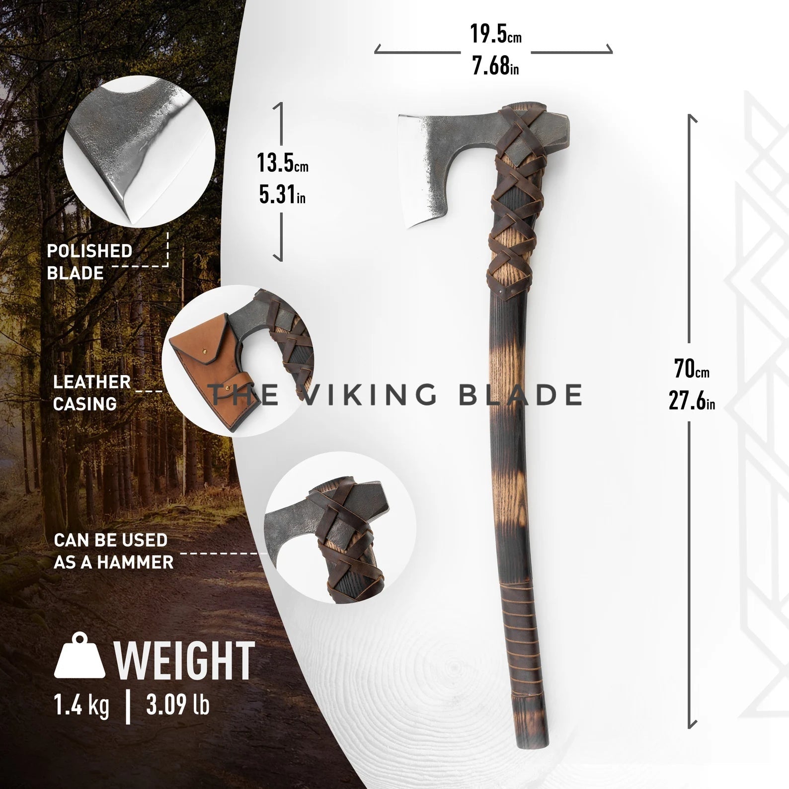 Viking-style axe with measurements and features on a white background