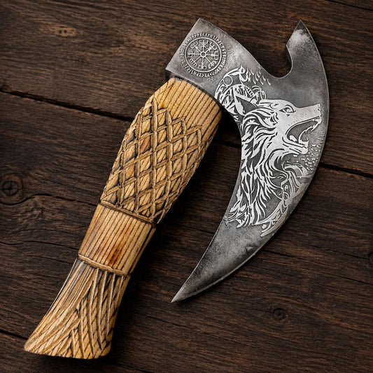 A Viking-style bearded axe with a carved wooden handle and a steel head featuring an engraved wolf and compass rose, displayed diagonally on a dark rustic wooden background.