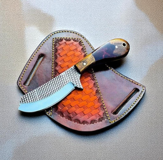 A knife with a resin wood handle and a high-quality rasp tool steel blade, accompanied by a leather sheath with a woven pattern.