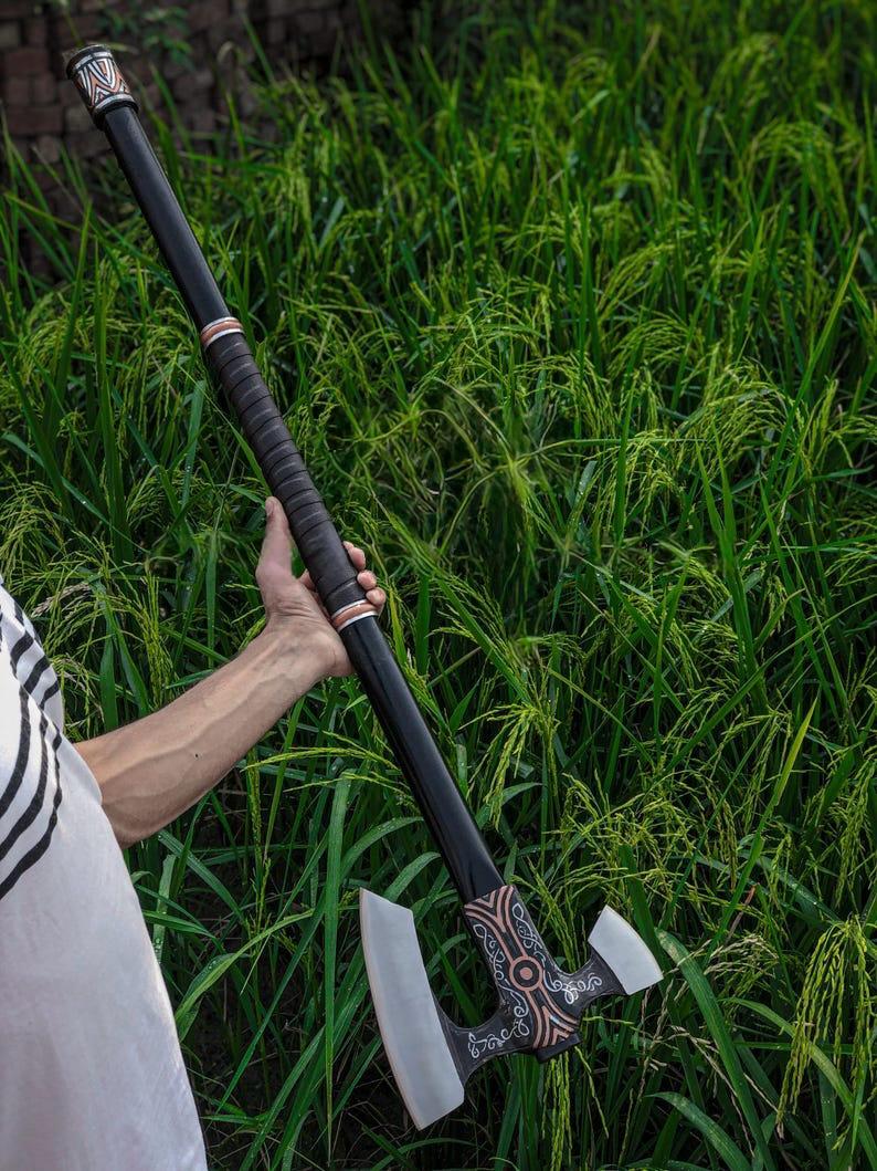 Hand-Forged Viking Axe · Carbon Steel Head with Etched Design · Handmade Wooden Handle · Custom Leather Sheath