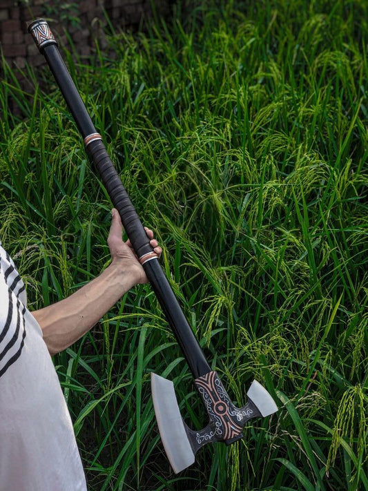 Hand-Forged Viking Axe · Carbon Steel Head with Etched Design · Handmade Wooden Handle · Custom Leather Sheath