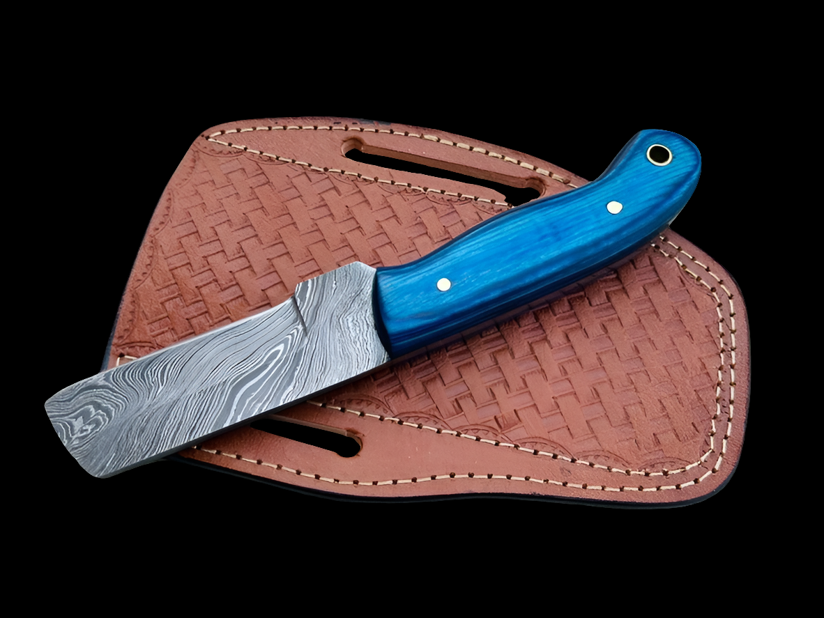 Custom Handmade Damascus Steel Cowboy Bull Cutter Knife With Leather Sheath