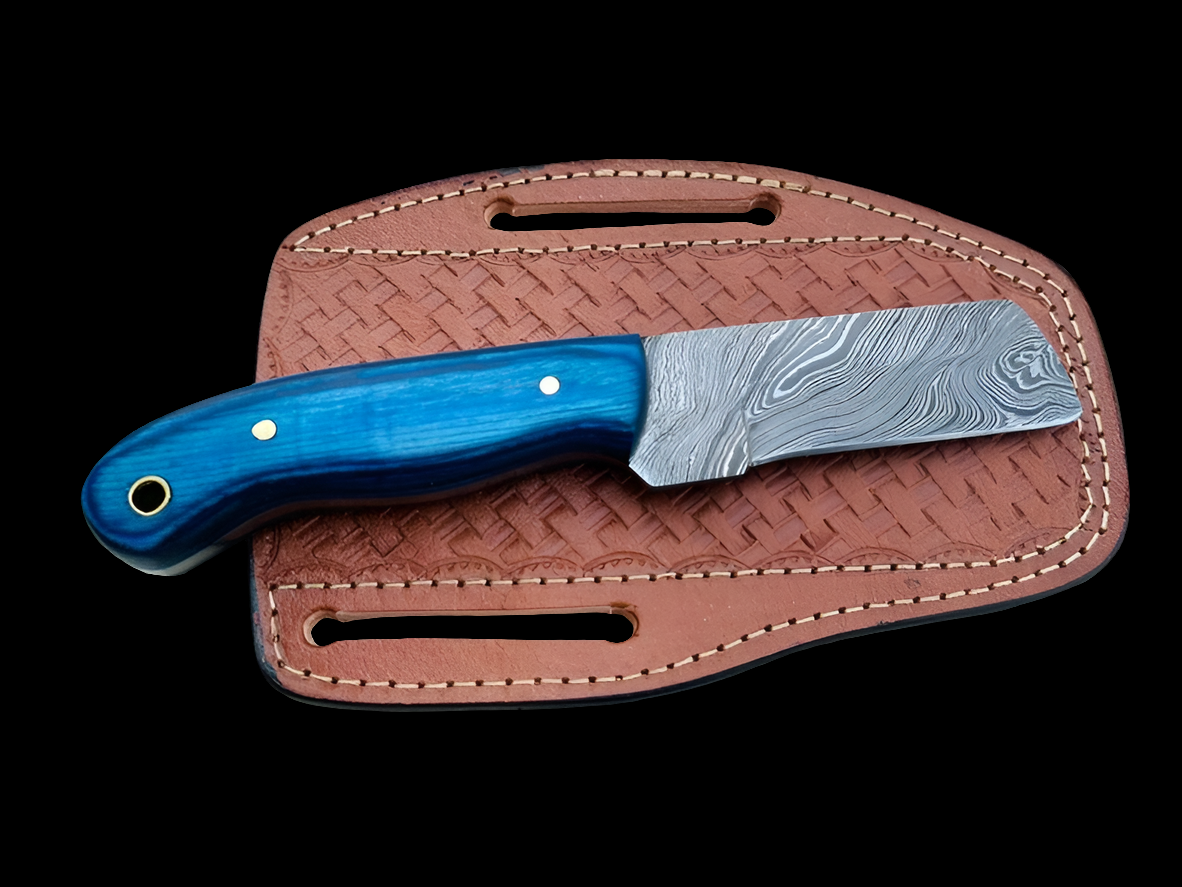 Custom Handmade Damascus Steel Cowboy Bull Cutter Knife With Leather Sheath