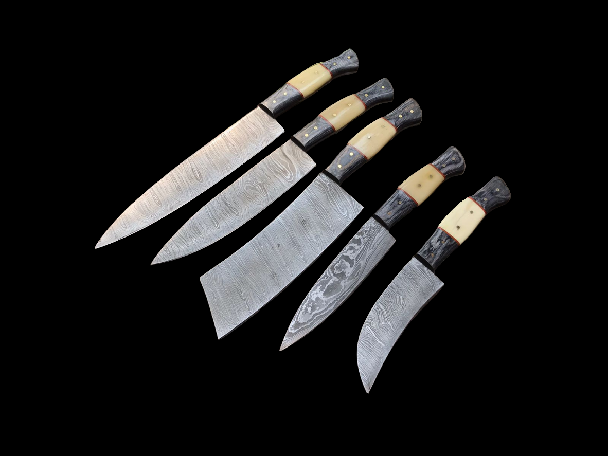Hand Forged Damascus Steel Kitchen Knives Chef Set With Leather Roll Kit