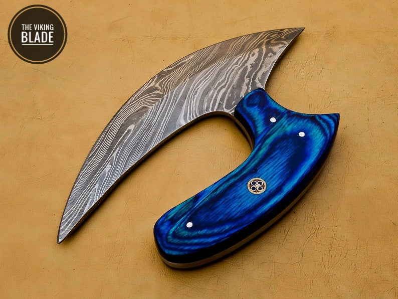 Detailed blue koa wood handle craftsmanship on handmade Ulu knife