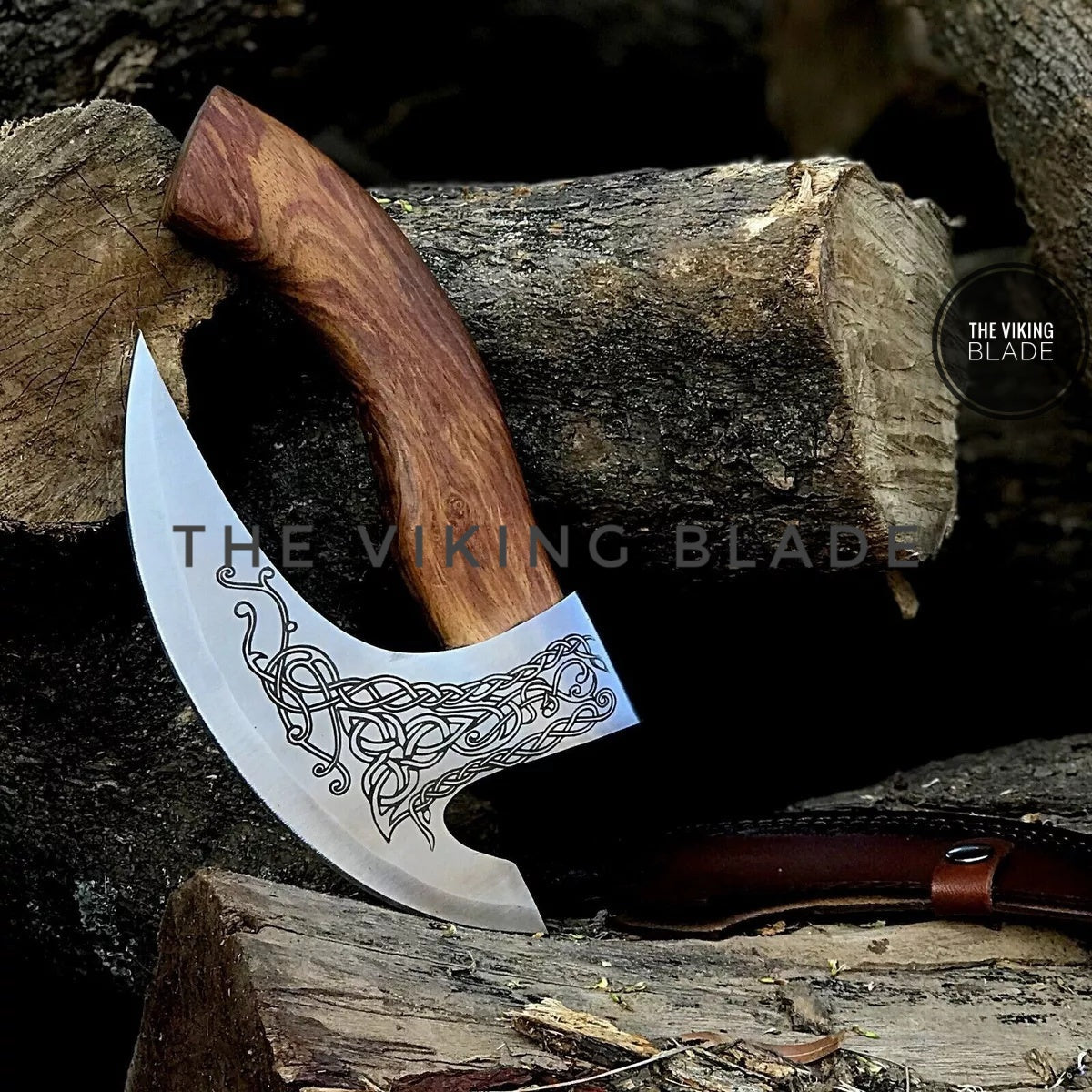 Camping Viking pizza axe with leather sheath, hand forged carbon steel blade and strong wooden handle kitchen tool.