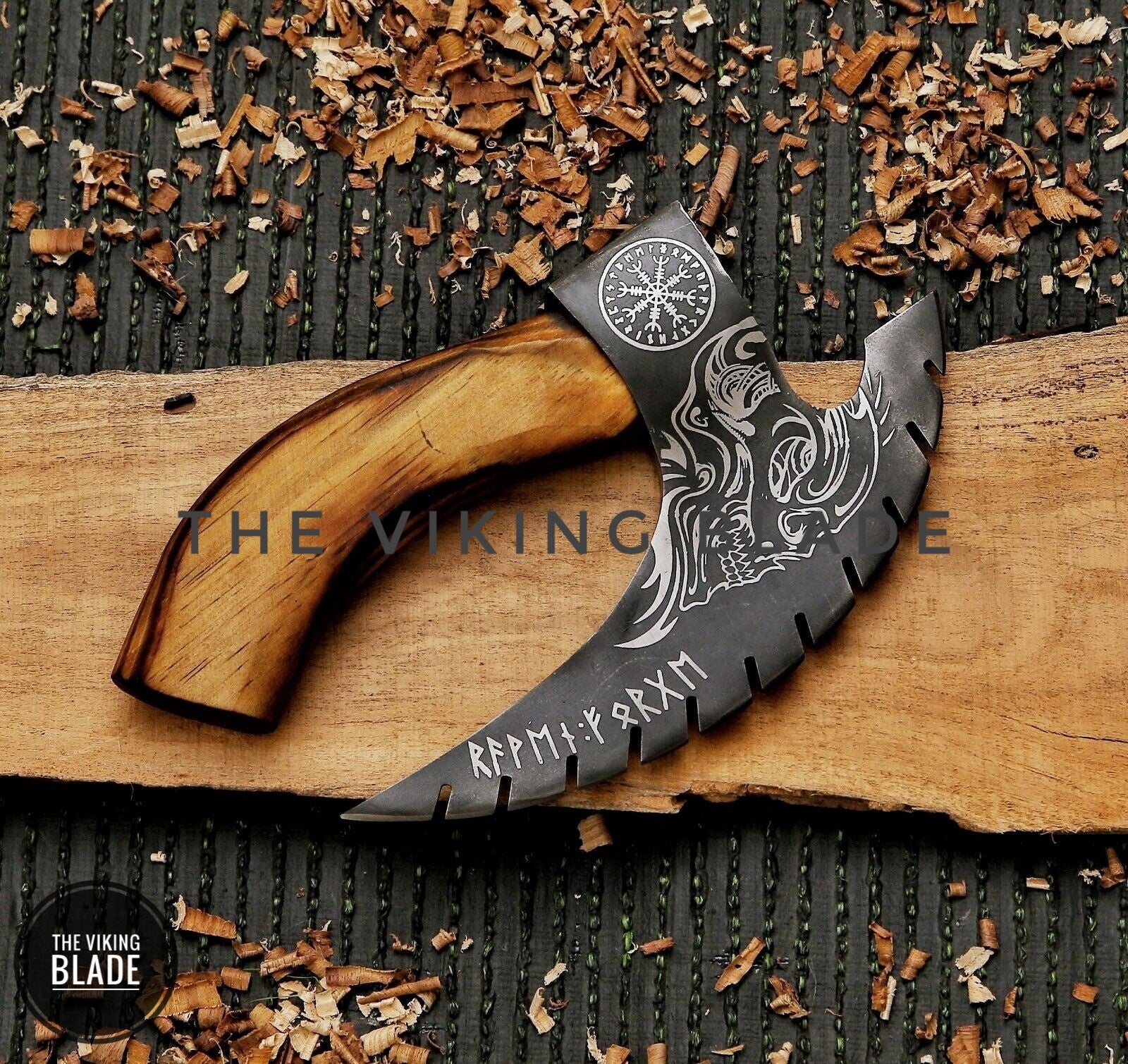 Handmade carbon steel pizza axe cutter with Viking blade design, wooden handle for strong grip and kitchen use.