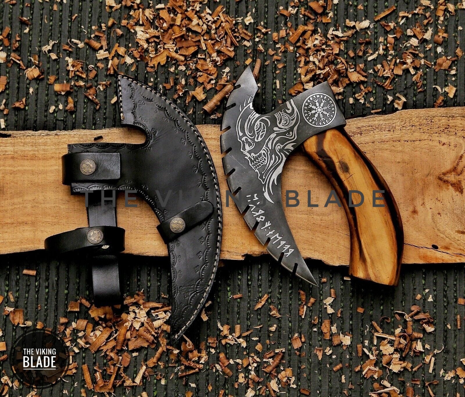 Custom handmade carbon steel pizza cutter axe with wooden handle and leather sheath, Viking style kitchen cutting tool.