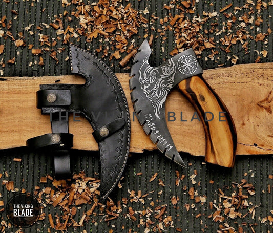 Custom handmade carbon steel pizza cutter axe with wooden handle and leather sheath, Viking style kitchen cutting tool.