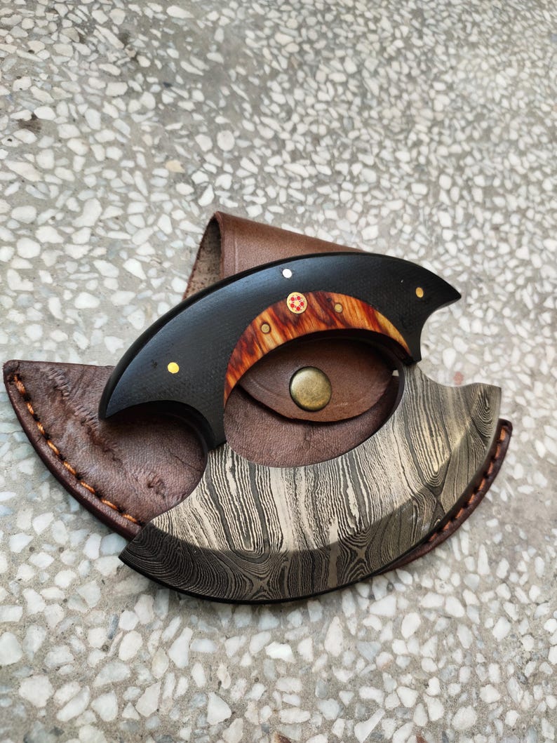 Custom handmade Damascus steel owl hunting knife front view with premium leather sheath