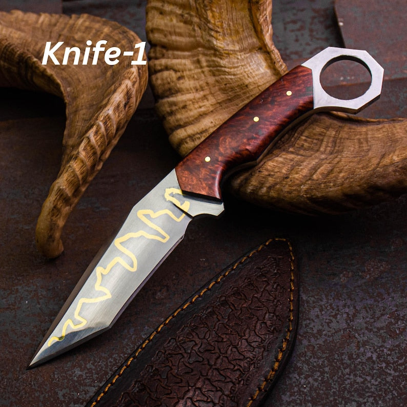 A custom handmade hunting Viking knife with a brown wooden handle and a patterned metal blade, displayed alongside a brown leather sheath.